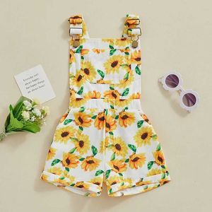 Overalls 1-6-jährige Mädchen Sommerhülse quadratische Ausschnitt Sonnenblumen-Print-Overall für Kinder und Mädchen lässige Shorts Jumpsuit Y24052047QV