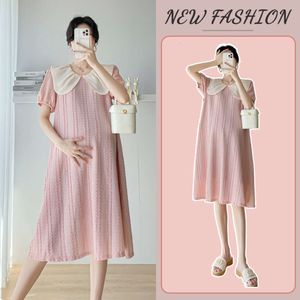 Pregnant Summer Style Korean Women s Peter Pan Collar Sweet and Fashionable Loose Short sleeved Pink Maternity Dress L