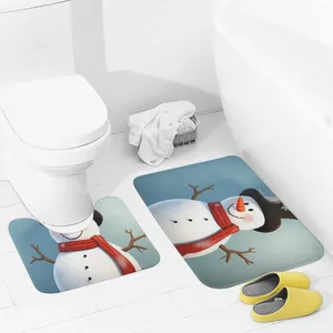 Badmatten Badezimmer Teppichs Sets 2 Stück niedlichen Schneemann absorbierenden U-förmigen Kontur-Toilettenteppich