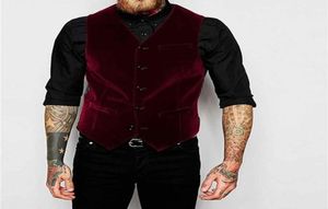 Burgundy Velvet Vest for Men Suit v Necksシングル胸肉カジュアルな男性チョッキ新しいファッションコスチューム2011132375305