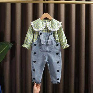 Set di abbigliamento set di vestiti per bambini primaverile set di vestiti per la camicia amore per la tuta in denim per le ragazze per bambini 2 3 4 5 6 anni set di abbigliamento di compleanno per bambini Y240520gesa