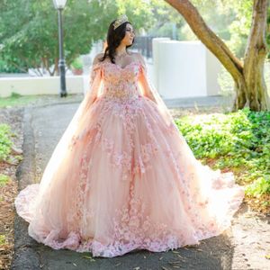 Красивые румяные розовые 3D -цветочные аппликации длинные платья Quinceanera платья на мысе с плеча