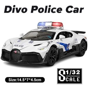 Ликовая модель модель автомобилей 1 32 Bugatti Divo Police Metal Metal Cars Toys Diecast Model Car Модель для мальчиков Детские игрушечные машины звук и легкая игрушка -игрушка подарок Y240520TBHW