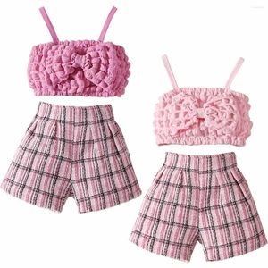 Set di abbigliamento SEGNI BAMBINA FLOORE CAMPIO SETTO CHE SETTO TASCO CROP TRIT TROP e pantaloncini a quadri Abito per bambini ad alta vita