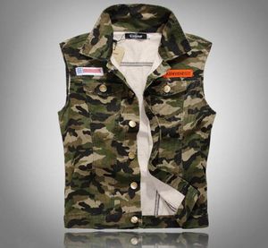 Fallmen Camouflage denim Vest Nytt 2016 ärmlöst camo -tryck Jean Jackets märken utsmyckade 3678184