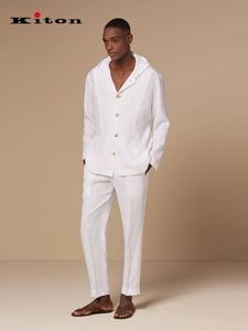 Mänskjortor Spring and Summer Kiton 100% Linen White Hooded Coat Shirts