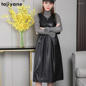 Casual Dresses Tajiyane 8xl äkta fårskinnsläder för kvinnor 2024 Slim Black Dress Korean ärmlösa kvinnokläder