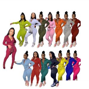 Frauen Tracksuits Designerinnen Frauen Frühling Kleidung Solid Outfits S-2xl Langarm mit Kapuze-Hose zwei Stück Sets Jogger Anzüge Cas Dhlqm