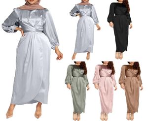 Casual Dresses Women Arab Muslim Satin Puff Long Sleeve Maxi Dress Solid Color Wrap Front SelfTie Abaya Dubai Turkey Hijab Robe Ka9961448