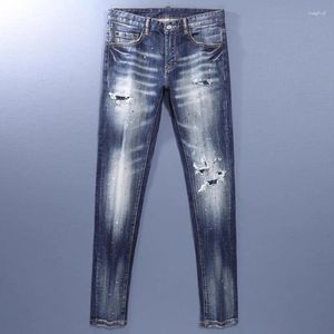 Fashion designer di jeans maschile elastico elastico di alta qualità blu slim fit split pantaloni di marca