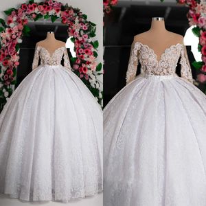 Elegant Ball Gown Wedding Dresses Off Shoulder Long Sleeves Lace Top Robe de Mariage Handmade Appliques Bride Gowns vestido de novia