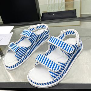 Flat Heel Canvas Striped Double Band Slides Designer Open Toes Raffia Mules Womens Flip Flops Slip On Platforms Heel Sandal Adjust Ankle Leisure Outdoor Beach Shoes