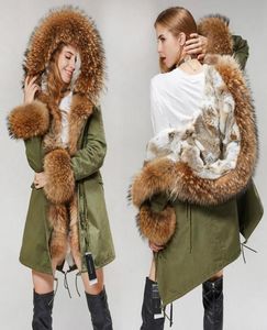 Женщины 039s меховой фальшивый фальсификация MMK Fashion Parka Park Sainting Big енота воротника зимняя куртка длинная армия с капюшоном зеленый сезон теплый ja5145901