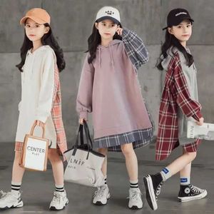 Girl's Dresses Girls Dress Spring and Autumn Childrens Hoodie Jacket Loose Dress Casual Long sleeved Plaid Dress Girls and Adolescents 8 10 12 14 Years Old d240520