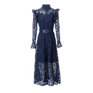 Europe and the United States women's 2024 summer new Stand collar Long sleeve blue hollow belt fashion Pleated dress XXL