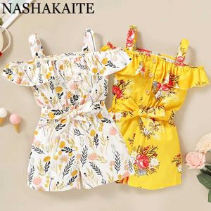 Jungenuits Nashakaite Girls Jumpsuit Rüschen vor Shouler Print mit Gürtel Kleinkind Girl Jumpsuit Sommer Overss Kinder Strampler Outfits für 1-4Y Y240520zakt