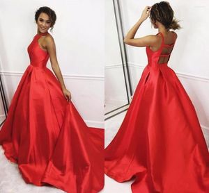 Party Dresses Red Satin Ball Gown Evening Simple Backless Long Graduation Dress Sleeveless Pink Keyhole Neck