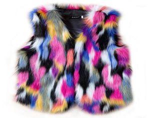 Rainbow Fur Coat Fluffy Faux Vest Women Winter Warm Colorful Spliced Waistcoat Ladies Artifical Plus Size Coat11612610