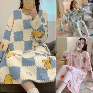 Women's Large Size Pamas Spring and Summer Long-Sleeved One-Piece Homewear Dress Cute Sweet Round Neck Floral Loungewear Girl L2405