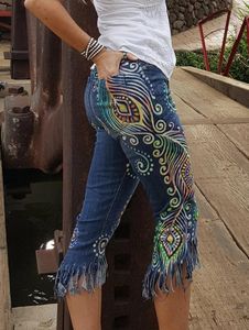 Frauen Jeans geschnitten 2024 Trend Trend dünne Hosenfrau hohe Taille Boho Pfeather Federmuster Denim Fransenstrecke Crop Hosen