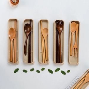 Dinnerware Sets With Box Wooden Spoon High Quality Natural Handmade Dinner Kit Utensil Cereal Fork Kitchen Accessories