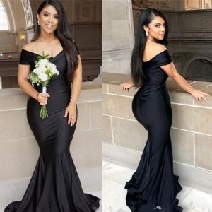 2022 Black Mermaid Long Bridesmaid Dresses Plus Size Off The Shoulder Ruched Floor length Garden Maid of Honor Wedding Party Guest Gown 257H