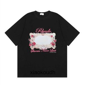 Rhude High end designer T shirts for High Street Trendy Flower Photo Frame Letter Print Casual Short sleeved T-shirt Unisex Summer With 1:1 original labels