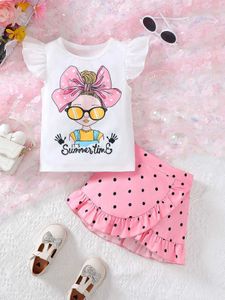 Roupas Conjuntos de roupas Girl Summer Casual Casual Girl Pattern Impresso Flying Pijama Top+Pink Fashion Dot Top Top Y240520DYVR