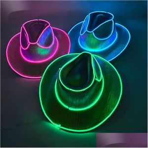 Party Hüte drahtlose Disco -leuchtende LED -Braut Cowgirl Hut glühende Lichtstangen Cap Bachelorette Vorräte blinken Neon Western Cowboy Drop dhgvm