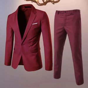 Kostymjacka byxor set elegant herr affärslapel enkelknapp kappa smal passform med fickor arbetskläder för en 240515