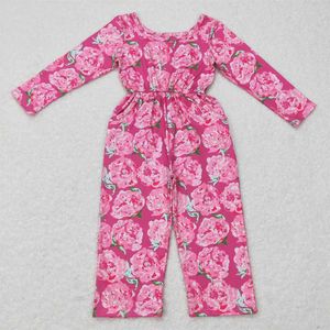 Jumpsuits Wholesale of childrens long sleeved flower one piece childrens pants baby jackets rose jumpsuits baby flower pockets jumpsuits Y240520RGE3