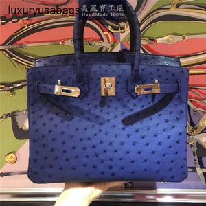 Ostrich handväskor läder handgjorda original True Bag 30cm Womens Handheld Treasure Blue RJ