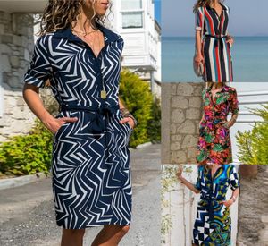 Moda damska letnia szyfon boho boho plażowe sukienki na kasy Sukienki z nadrukiem w paski w paski długie pół -rękawowe sukienka koszula geometryczna 6728976