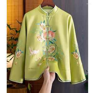 Women's Jackets Vintage Elegant Satin Guofeng Jacket Women 2024 Autumn Stand Collar Exquisite Embroidery Loose Single Breasted Top S-XXL