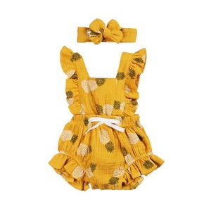 Jumpsuits Infant Baby Clothing Girls Summer Romper Backless Ruffle Bodysuit Sleeveless Print Jumpsuit with Bowknot Headband Y240520T1R9