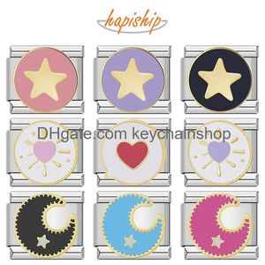 Charms HapShip 2024 Moda Novo Aço inoxidável Round Star Moon Sun Charm Links italiano Fit 9mm Bracelet Diy Fazendo jóias DJ1139-A OTOKC