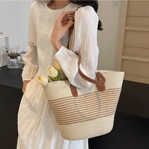 Striped single shoulder straw plaited bag summer new large capacity casual versatile women's beach woven bag