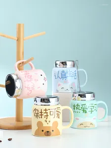 Tassen Tasse süßes weiches heilendes Mädchen mit Deckel Löffel Koreanische Keramikwasserbecher Kaffee Erwachsener Paar