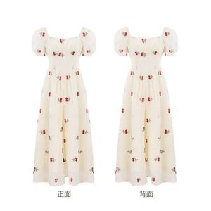 French Beige Cherry Print Evening Party Fairy Dresses Women Clothing 2024 Summer Vacation Short Sleeve Slim Long Dress Bohemian