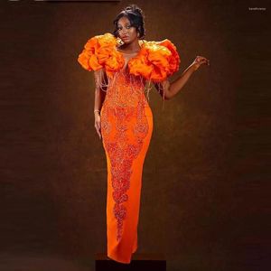 Party Dresses Orange Luxury Prom Puffy Shoulder Tassels Pärlor Applices Aso Ebi Evening Dress Black Girls Formella födelsedagsklänningar