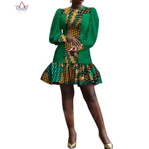 Afrikanska klänningar för kvinnor elegant o-hals långärmad miniklänning med ruffles afrikansk tryckt lapptäcke sommarparty klänning wy5181