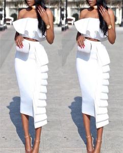 Women 2 Piece Sets Crop Tops Skirts Sexy Dinner Ruffles Off Shoulder Slim Jupes 2020 Fashion New Summer Backless Party Wear Suit T3680171