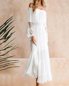 Summer Fashion White Dress Beach Women Off Shoulder Lace Patchwork Solid Color Long Flare Sleeve Maxi Casual Dresses7985776