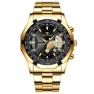 FNGEEN Brand White Steel Quartz Mens Watches Crystal Glass Watch Date 44MM Diameter Personality Luxury Gold Stylish Man Wristwatches 233A