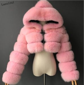 高品質の毛皮のようなクロップドフェイクファーコートとジャケットの女性のフッフィートップコートとフード付き冬の毛皮ジャケットManteau Femme 2009215960497