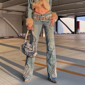 Kvinnors jeans 2024 y2k broderi låg stigning flare kvinna streetwear 2000 -tal hippy vintage byxor kvinnor denim byxor