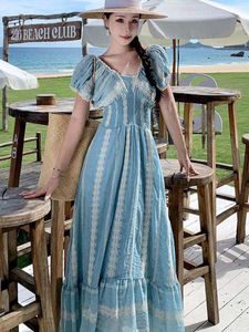 Mode neue französische retro blaue Patchwork Quasten Plissee Langes Kleid Sommer Frauen 2023 Urlaub Slim Evening Party Robe Femme Boho