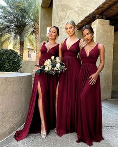 Sexy A Line V Neck Bridesmaid Dress Pleats Long Women Wedding Party Dress Sleeveless Split Evening Prom Wears CPS3007