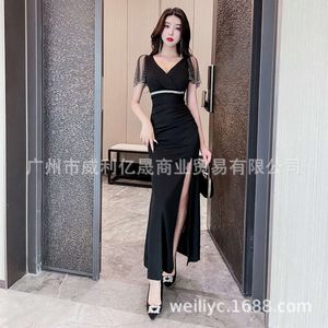 2024 Spring/Summer New Bar KTV Sexy Pure Desire Split Mesh Short Sleeve Beaded Long Elegant Evening Dress
