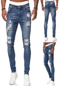 Homens jeans elásticos cintura magra moda moda esteira calça rasgada vestidos de jeans de rua s3xl4544731